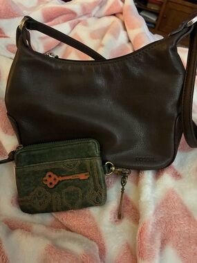 Fossil Brown Leather Crossbody with Green Suede Key Pouch